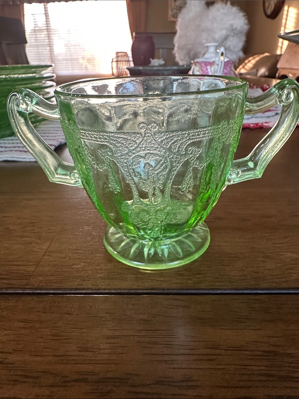Vintage Green Pressed Glass Two-Handled Sugar Bowl